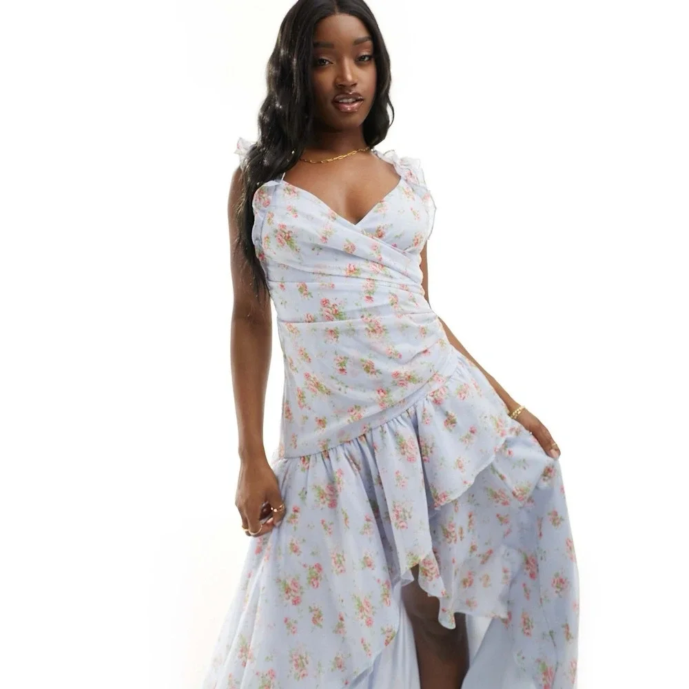 Abercrombie & Fitch Ruffle Strap Asymmetric Hem Maxi Dress Blue Floral Womens LT